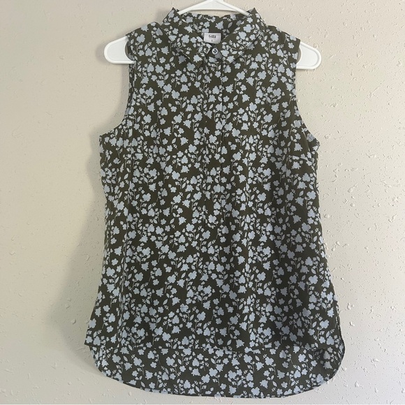 Cabi Green White Floral Collared Button Down Sleeveless Blouse Summer Small - Picture 1 of 6